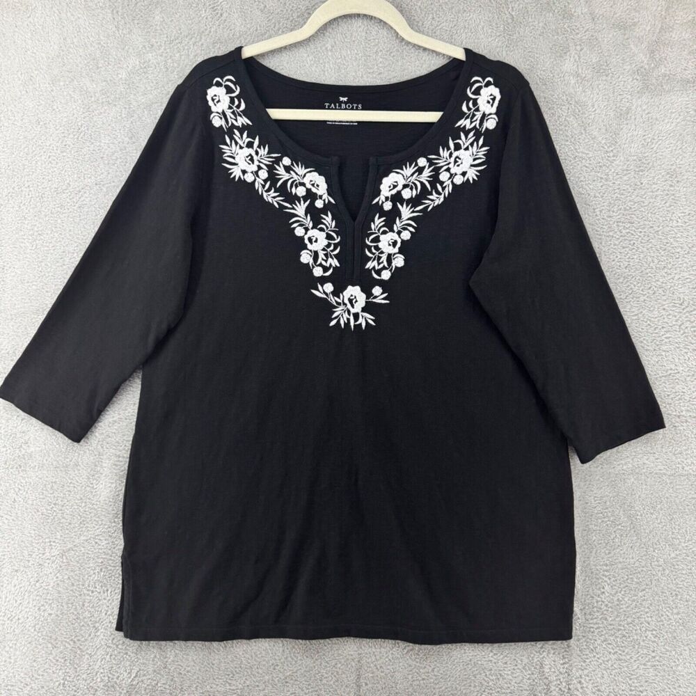Talbots Top Womens X Black Floral Embroidered Notch Neck Pullover 3/4 Sleeve